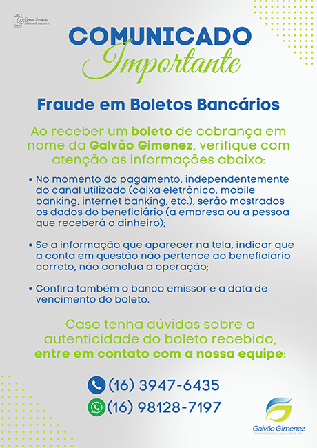 aviso sobre boletos falsos em nome da empresa